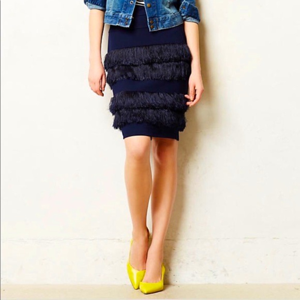 Anthropologie Eva Franco Navy Fringe Skirt. Size 4 NWT